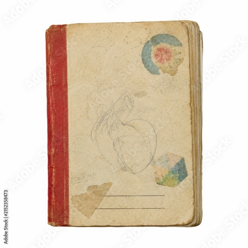 Vintage sketchbook with pencil sketches and colorful geometric sticker