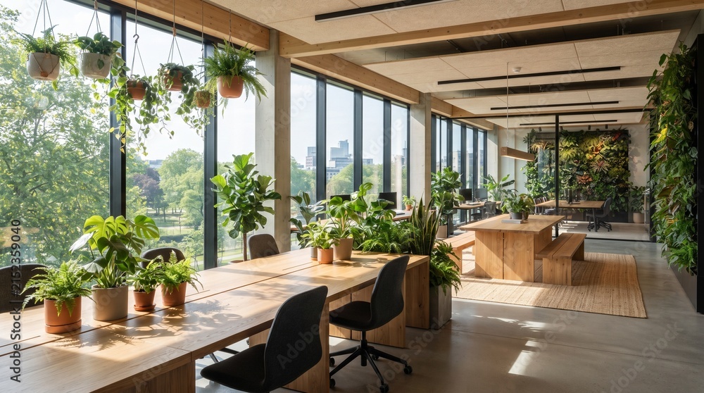 Fototapeta premium Sustainable Green Office Interior with Plants and Natural Light