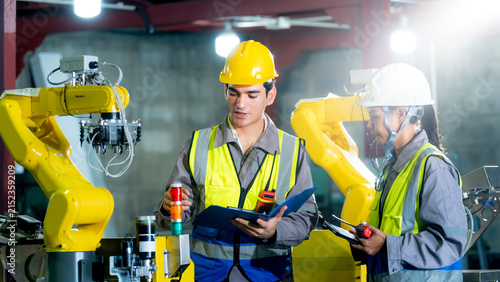 Obraz na plátně A professional engineering team collaborates beside automated machinery showing human expertise and robotics working together to improve modern manufacturing