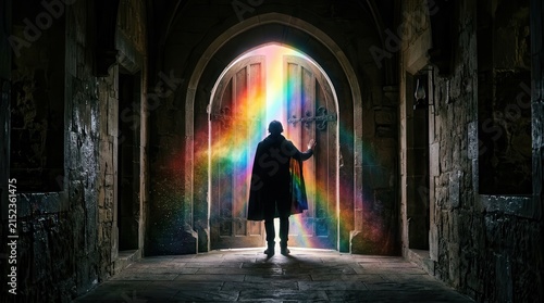 Silhouette of man standing at open wooden door with rainbow light ray