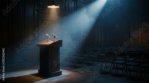 Wooden podium with microphone illuminated by spotlight in dark room