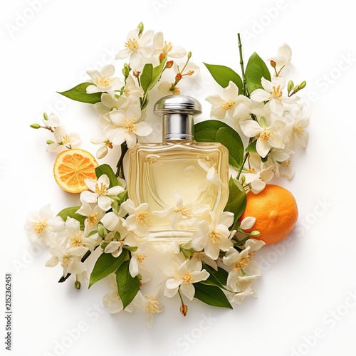 Stunning and Elegant Perfume Bottle Surrounded by White Flowers and Citrus Fruits