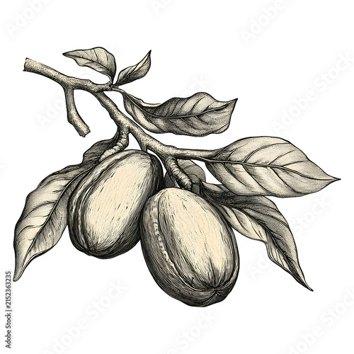 Vintage botanical pecan branch clipart with pecan nuts and leaves in antique engraving style. Monochrome artwork isolated on transparent background for harvest, autumn and Thanksgiving designs.