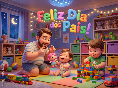 Father and children playing with toys