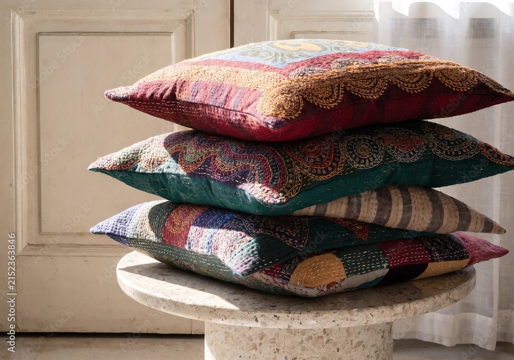 Fototapeta premium Colorful Patchwork Fabric Decorative Cushions Stacked On Round Table