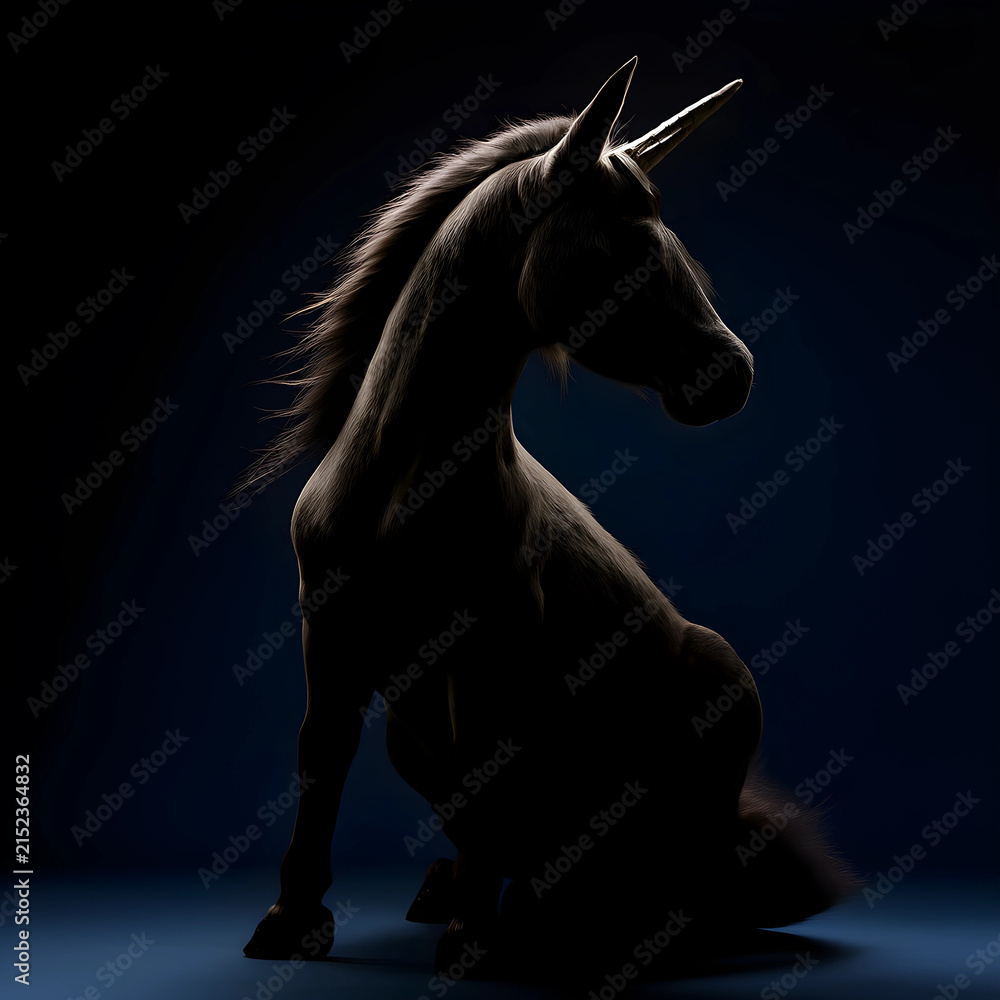 Fototapeta premium Unicorn silhouette with glowing mane and horn, fantasy and magic concept, mythical creature on dark background