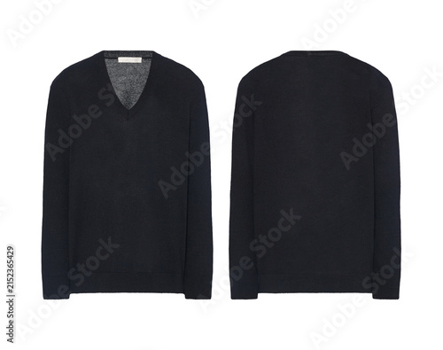 A Black V-neck long-sleeved knitted sweater displayed front and back view ,cardigan movkup on a transparent background.