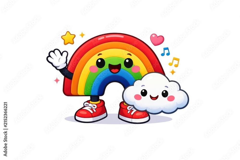 Fototapeta premium Cute rainbow and cloud cartoon with cheerful expressions.