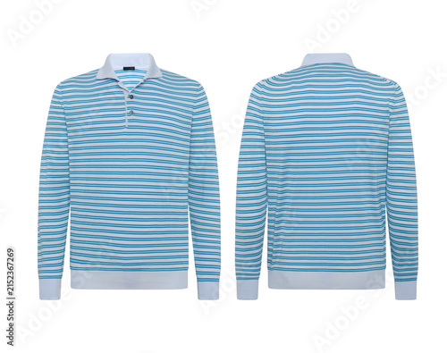 Striped long sleeve polo shirt on transparent background front and back view, mockup in white and sky.