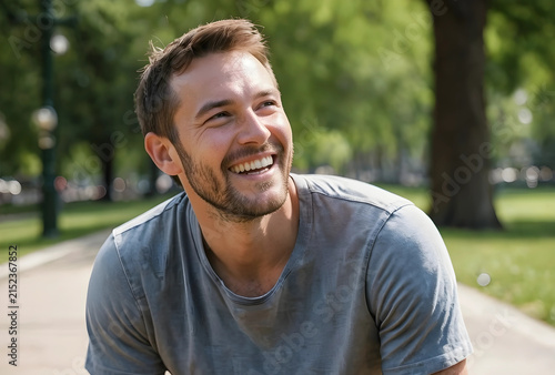 Happy young man with a beard smiling and looking up in a sunny outdoor park setting, enjoying nature and fresh air