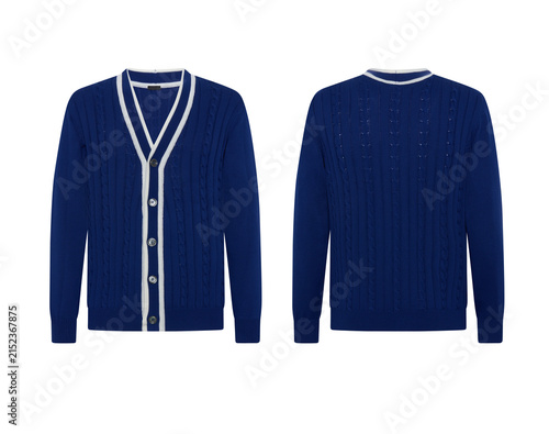V-neck Blue long-sleeved knitted cardigan with white trim and button, displayed front and back view on a transparent background.