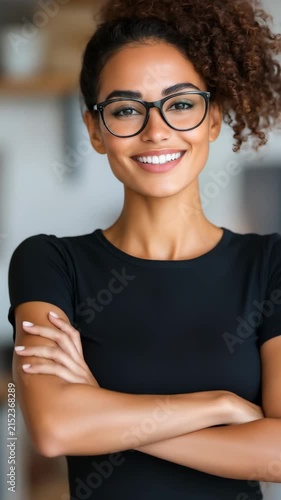 Portrait of a young adult Hispanic woman with curly hair and glasses smiling with arms crossed in a bright modern home kitchen.