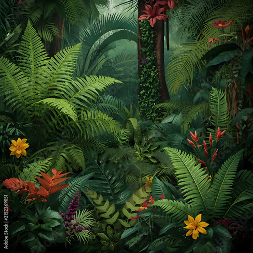 Vibrant Tropical Rainforest Garden Filled With Layered Ferns, Broad Leaves, and Colorful Exotic Plants