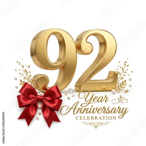 Golden 92nd Year Anniversary Celebration with Red Bow and Confetti.