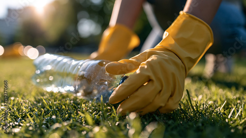 close-up of a volunteer's hands in yellow gloves collecting a discarded plastic bottle on bright green grass in a park, face out of frame, litter cleanup concept, recycling,