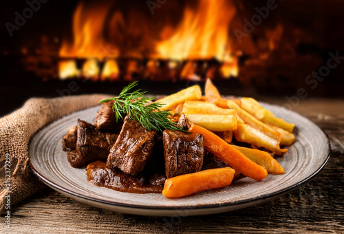 Carne estofada con patatas fritas.