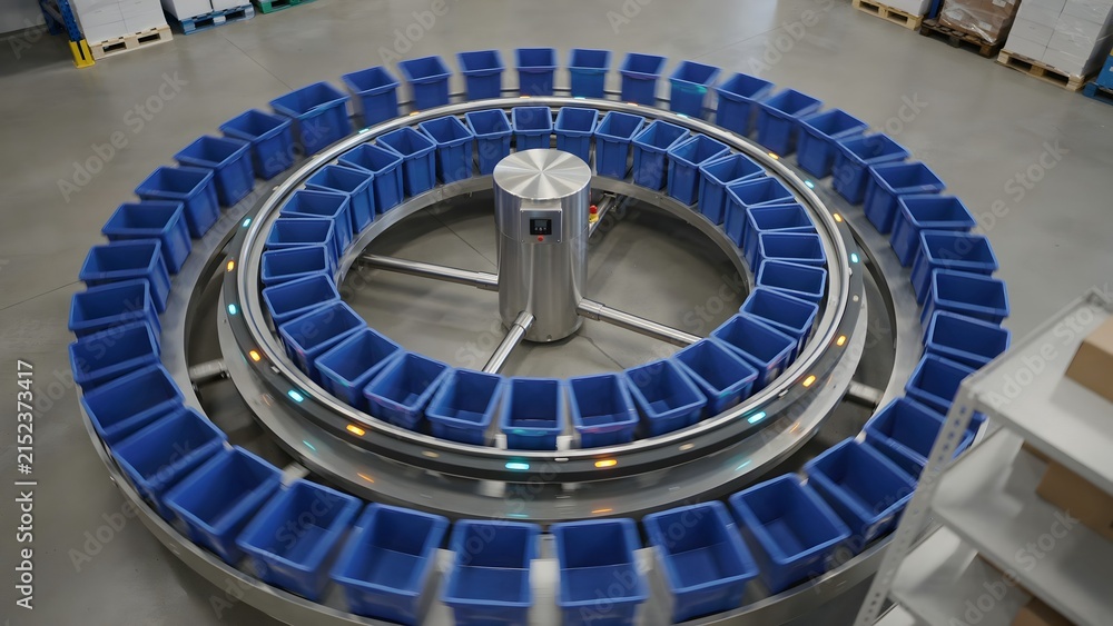 Fototapeta premium Circular conveyor system with blue bins in a warehouse setting