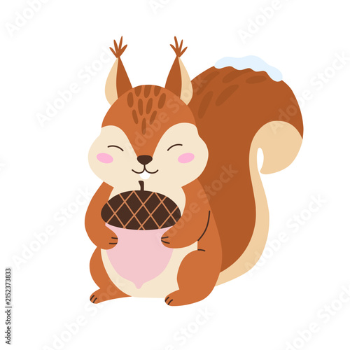 Cute Squirrel Holding Acorn Winter Animal Vector Illustration