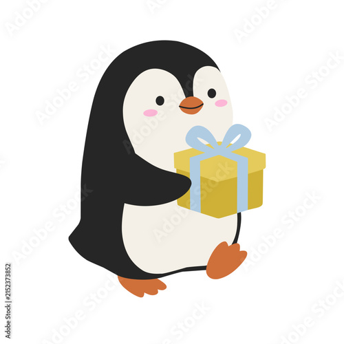 Cute Penguin Holding Gift Winter Animal Vector Illustration