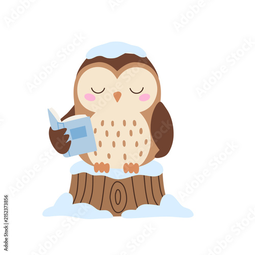 Cute Owl Reading Book Winter Animal Vector Illustration