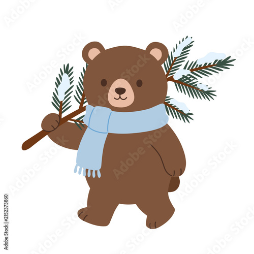 Cozy Bear with Scarf and Pine Branches Winter Vector Illustration