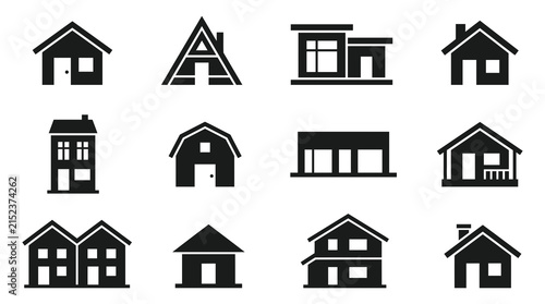 Real Estate House, Cabin, and Barn Silhouette Icons Vector Set