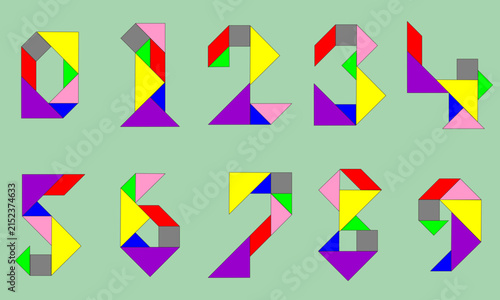 Tangram puzzle set with number shapes, flat style, isolated on a vintage green background, vector.
