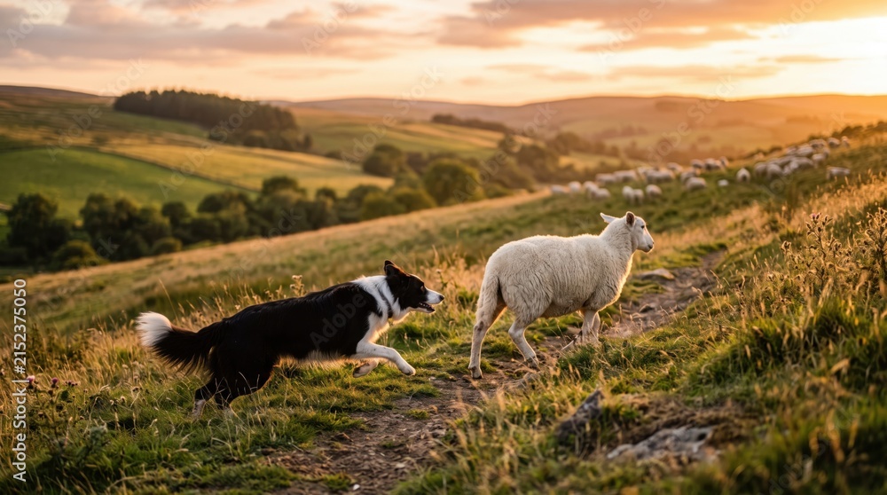 Fototapeta premium Border collie herding sheep on a hillside at sunset. Working farm dog guiding livestock in a rural meadow. Agricultural livestock management, pastoral landscape, farming industry concept.