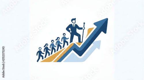 Business Growth Concept Featuring A Leader Guiding A Team Upward Along A Rising Progress Arrow Toward Professional Success And Achievement