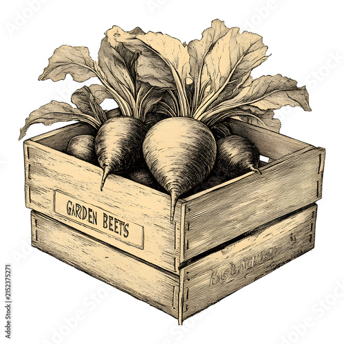 Vintage garden beet harvest arranged in a rustic wooden crate, featuring leafy red beets in warm earthy tones. Botanical farm clipart for autumn, harvest, food packaging and rustic designs.