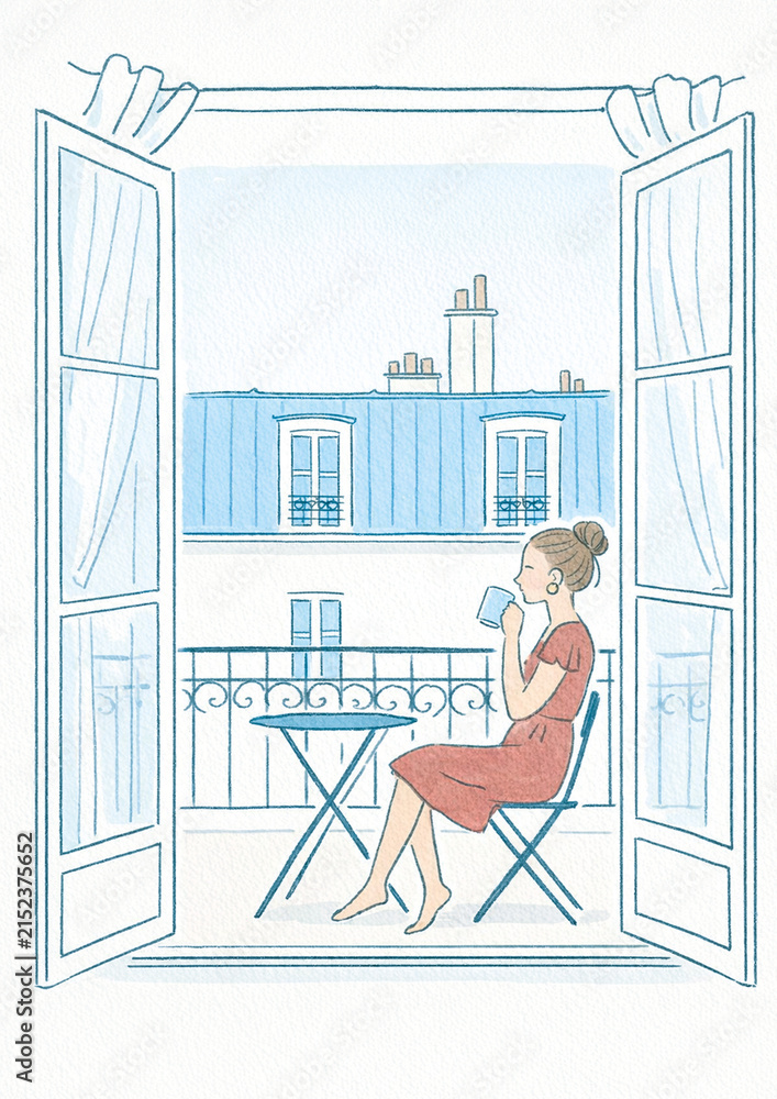 Obraz premium Woman drinking coffee on a balcony overlooking the city, watercolor illustration 