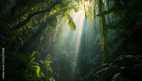 Golden Sunbeams Filtering Through Dense Tropical Rainforest Canopy and Lush Green Vegetation