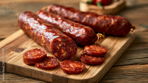 Sliced spicy chorizo sausage on a wooden board for charcuterie and tapas