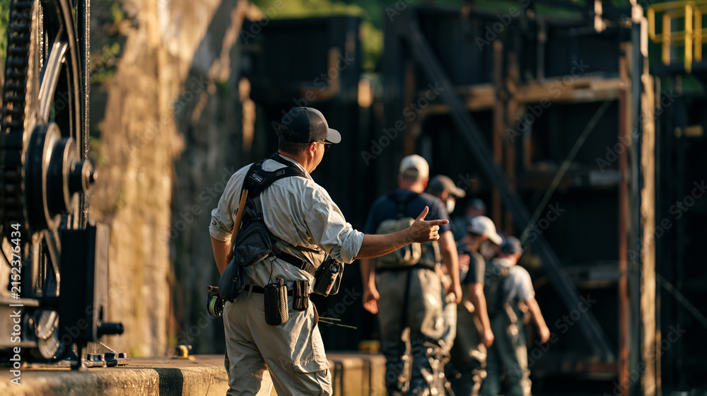 Fototapeta premium A fishing guide leads a group of early-morning anglers through an industrial canal lock, group dynamic showing the guide gesturing toward water as participants in waders follow along the concrete lo