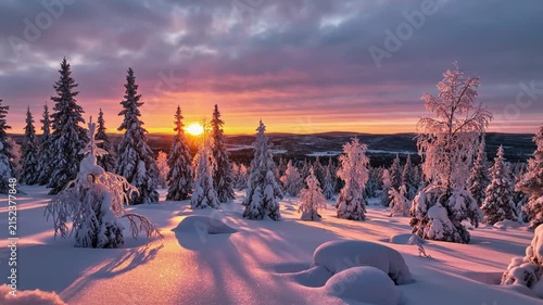 Golden sunset over snowy pine forest with hanging icicles
