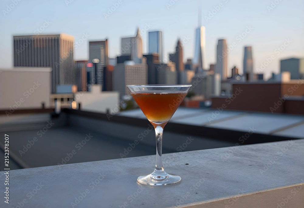 Fototapeta premium Martini glass with a brown cocktail on a rooftop ledge overlooking a city skyline at sunset, Urban leisure and sophisticated nightlife