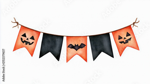 Halloween banner pennant flag pumpkin bat orange black watercolor hand drawn craft decoration for festive party background