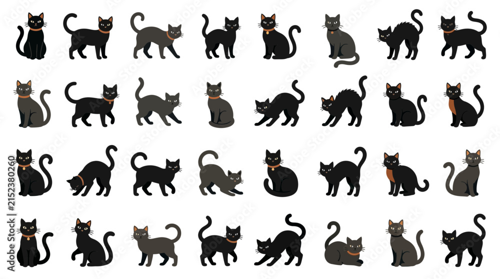 Obraz premium Cute Cartoon Cat Collection. Black and Grey Feline Characters with Orange Collars. Vector Set of Domestic Pets in Various Poses for Design. isolated on White Background