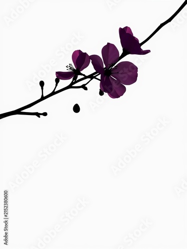 Silhouette of a flowering branch with petals falling in a minimalist design style, featuring delicate lines and soft curves, black and white, gentle