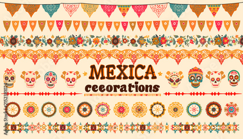 Vibrant collection of Mexican folk art borders, sugar skulls, and papel picado banners for celebrations.