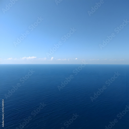 Minimalist Deep Blue Ocean Horizon Under a Clear Blue Sky, Clean Seamless Seascape with Calm Symmetrical Composition