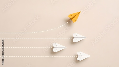 Financial growth and premium investment opportunity shown by golden paper airplane diverging towards success