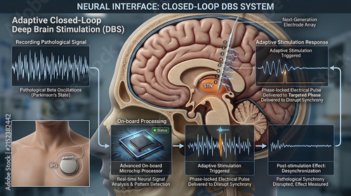 Deep brain stimulation neural interface technology illustration with stimulation, research