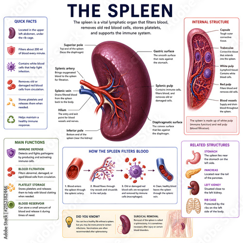 Human spleen anatomy educational chart with lymphatic system function diagram, lymphatic