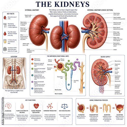 Educational medical illustration poster of human kidney anatomy and renal system function