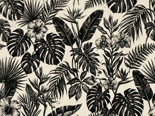 Tropical jungle seamless pattern with exotic flowers and palm leaves in a detailed handdrawn sketch style