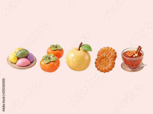 한국의 명절 추석음식 요소 3D 렌더링 세트, 송편, 감, 배, 약과, 수정과.