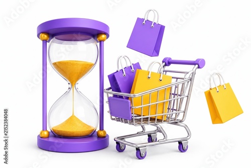 Shopping cart with paper bags and hourglass for online sales concept