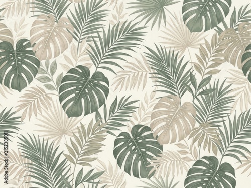 Seamless pattern with tropical palm leaves and monstera foliage on a light background