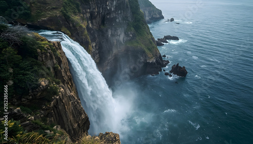 Powerful Coastal Waterfall Cascading from Dramatic Rocky Cliffs into the Blue Ocean, Wild Icelandic-Style Seascape